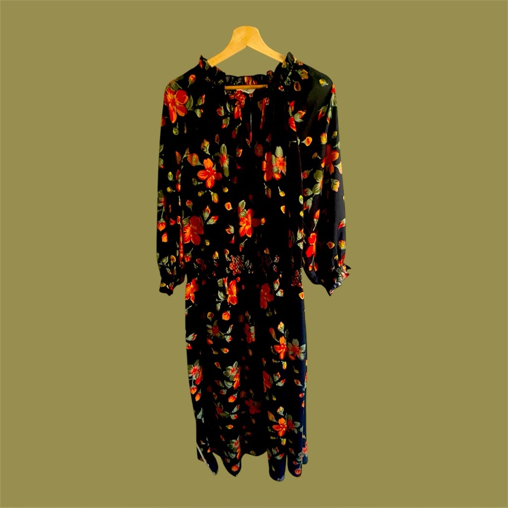 Terra &Sky Women’s Floral Boho Dress 3X Black Orange Cottagecore Midi Festival